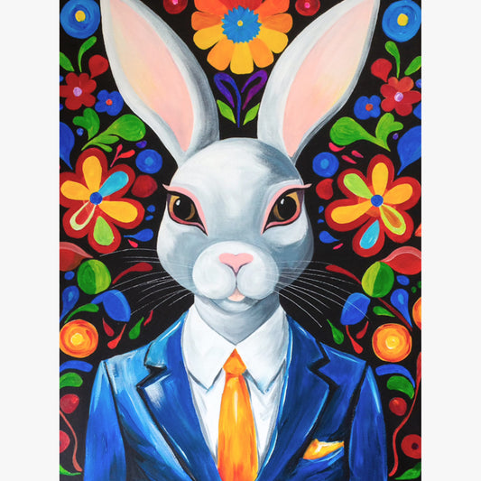 A colorful acrylic painting of a white rabbit dressed in a sharp blue suit with an orange tie and pocket square. The rabbit has sleek features and a confident expression, with large upright ears. The background is filled with bold, stylized flowers in bright shades of red, yellow, blue, and green.