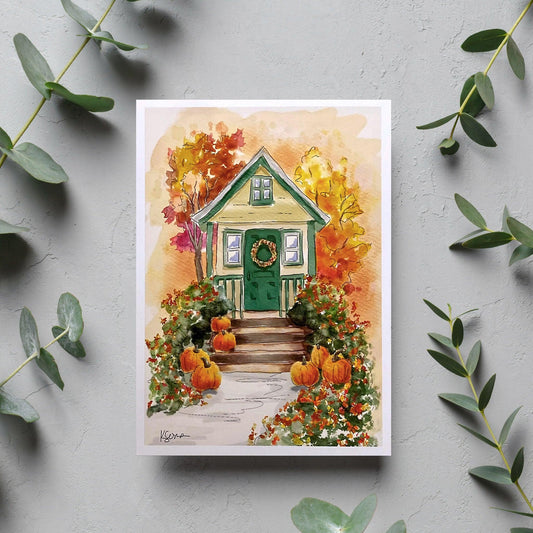 Autumn Leaves & Green Eaves Blank Card - Kristal Serna, Fine Artist