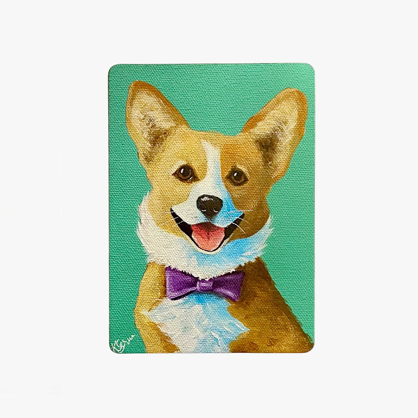 Illustration of a corgi dog with a purple bow tie on a teal background
