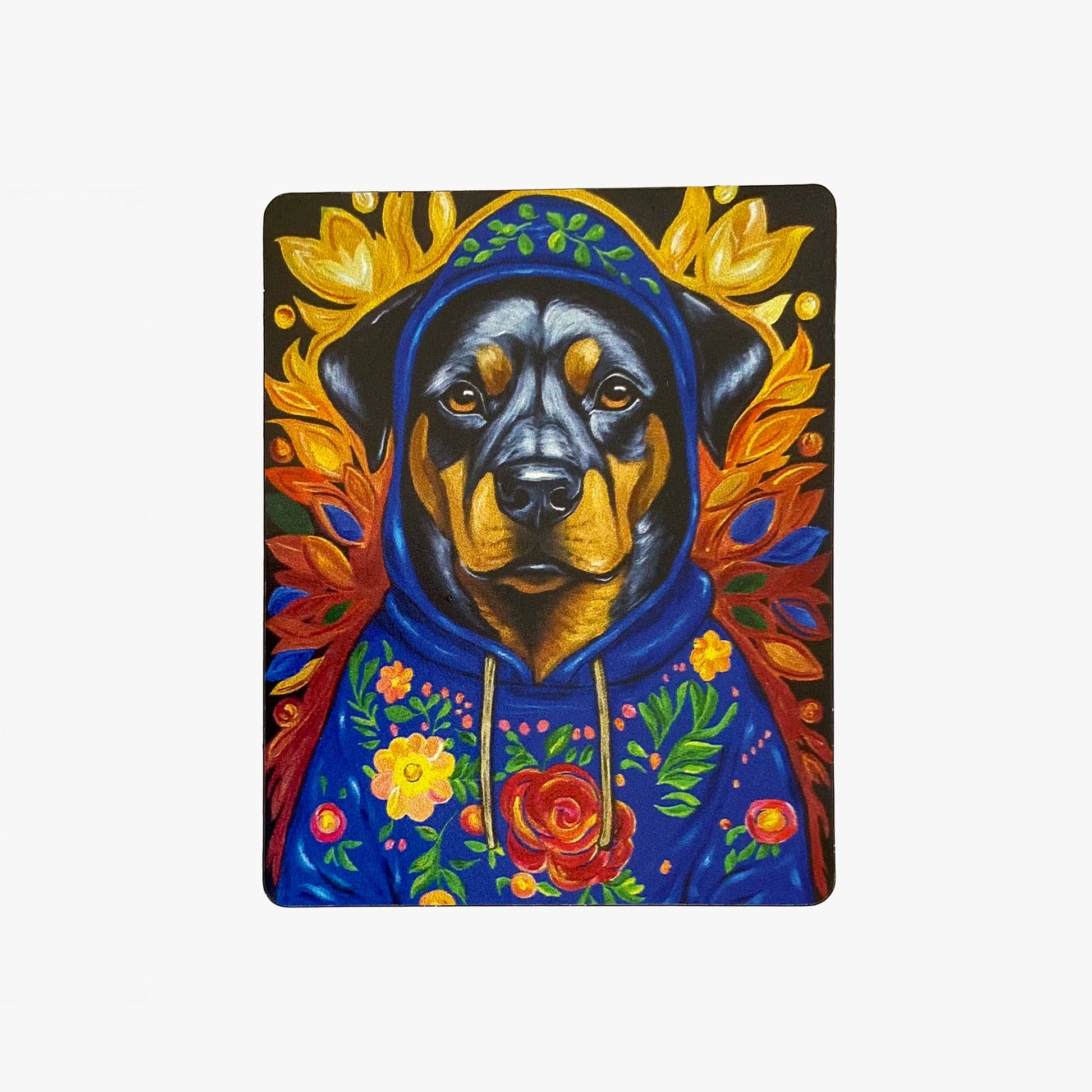 Colorful painting of a dog in a hoodie with floral designs on a white background
