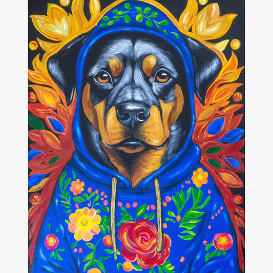 A vibrant acrylic painting of Buster, a confident Rottweiler wearing a richly decorated blue floral hoodie. The warm autumnal hues surrounding him create a regal yet contemporary feel, with golden leaves framing his strong, attentive gaze. The bold colors and intricate patterns give this piece a striking presence.