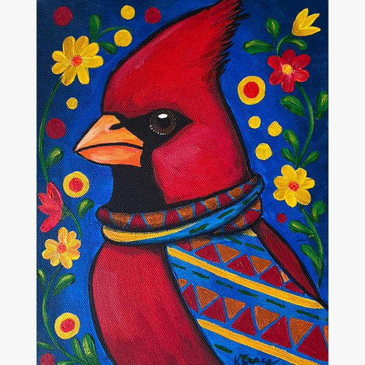 Painting of a red cardinal bird with colorful patterns on a blue background with flowers.