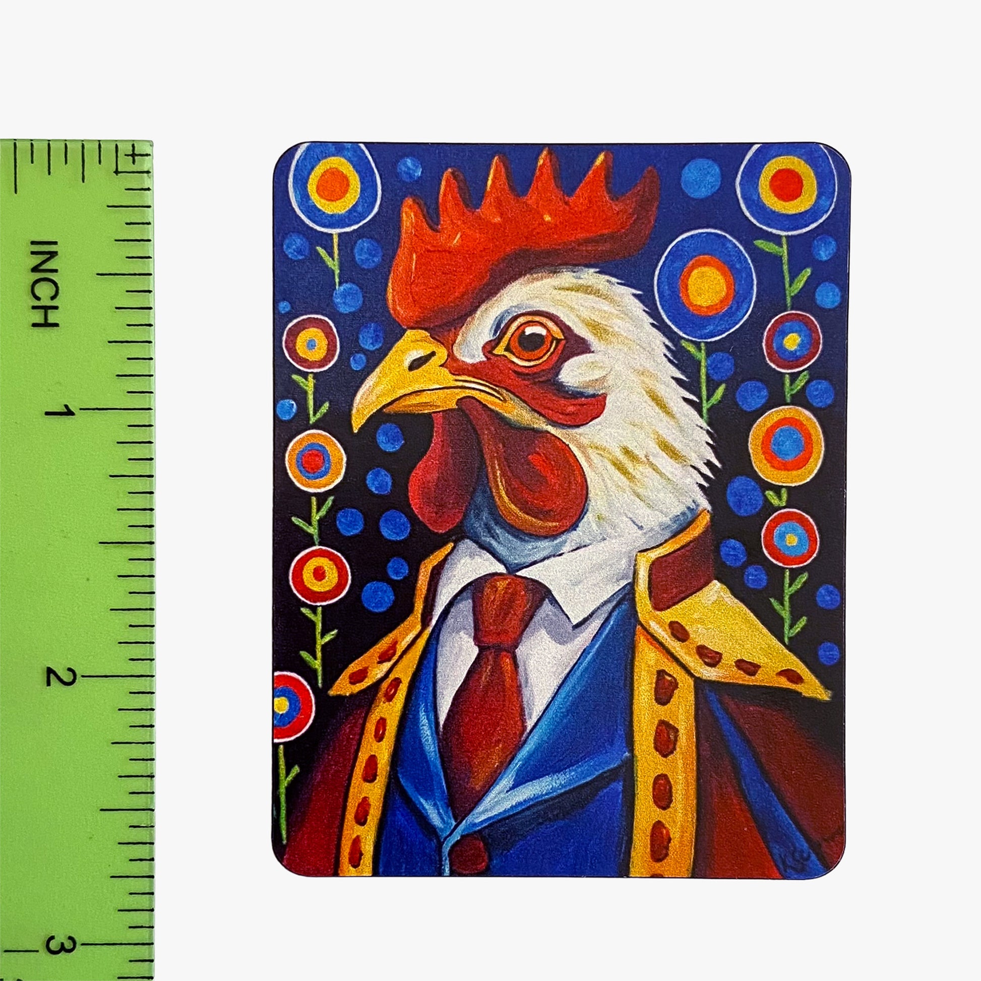 Colorful painting of a rooster in a suit with decorative flowers on a white background