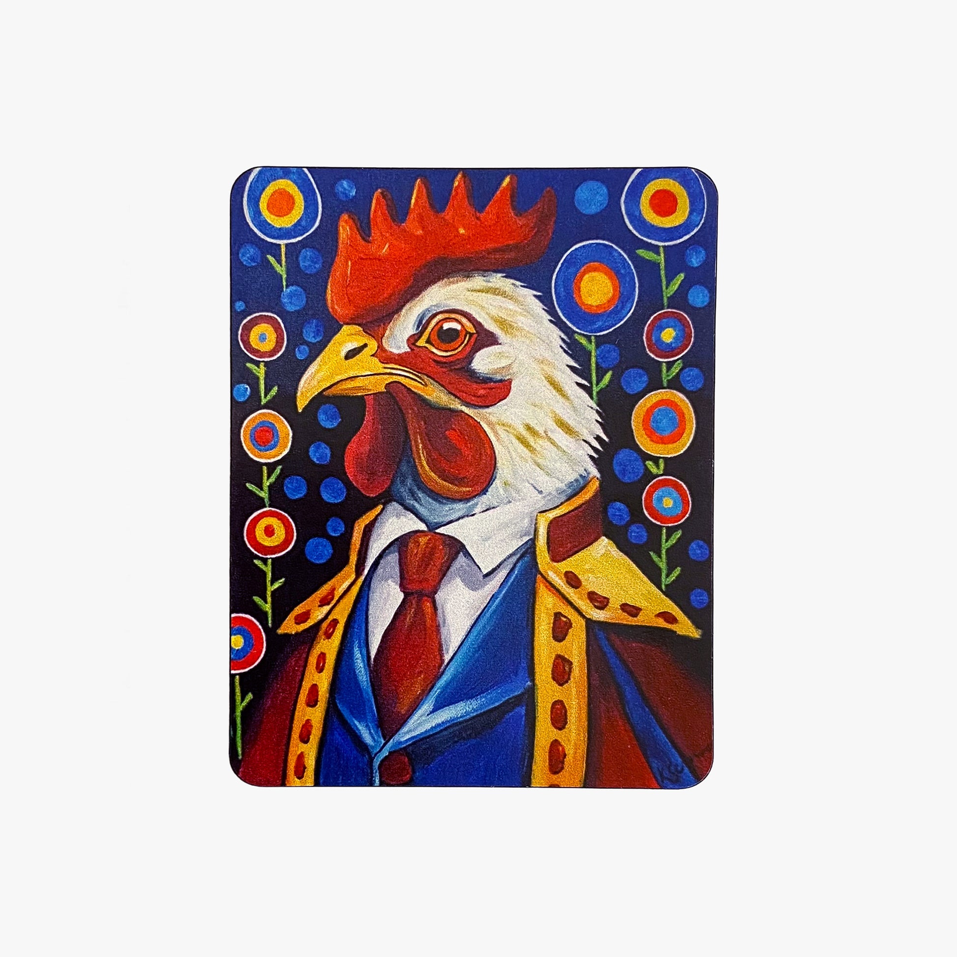 Colorful painting of a rooster in a suit with floral background