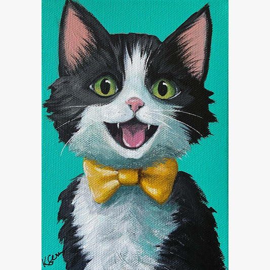 A colorful acrylic painting of a black and white cat with a yellow bow tie against a blue background.