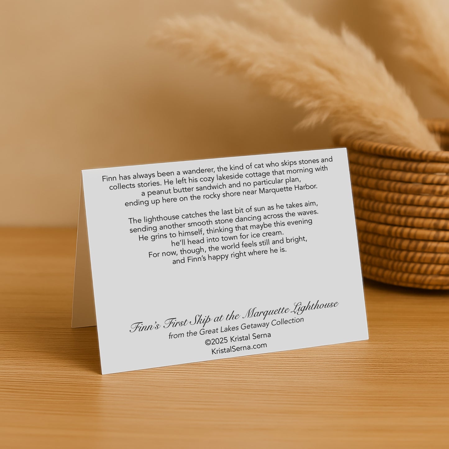 White card with text on a wooden surface with a woven basket in the background