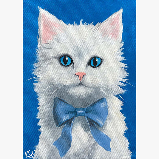 painting of long haired white kitten with blue eyes, a blue bow tie, and a blue background