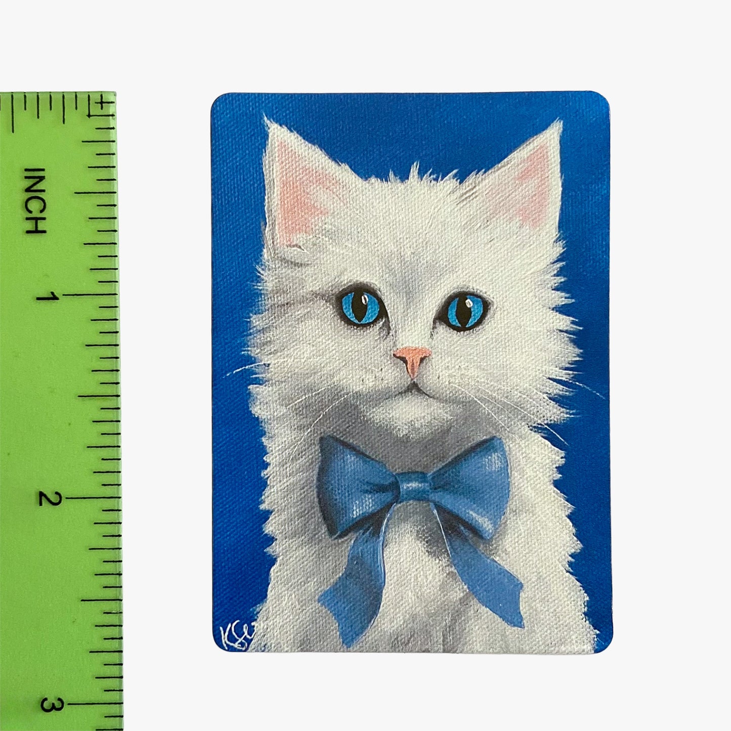 White cat with a blue bow tie on a blue background, next to a ruler for scale.