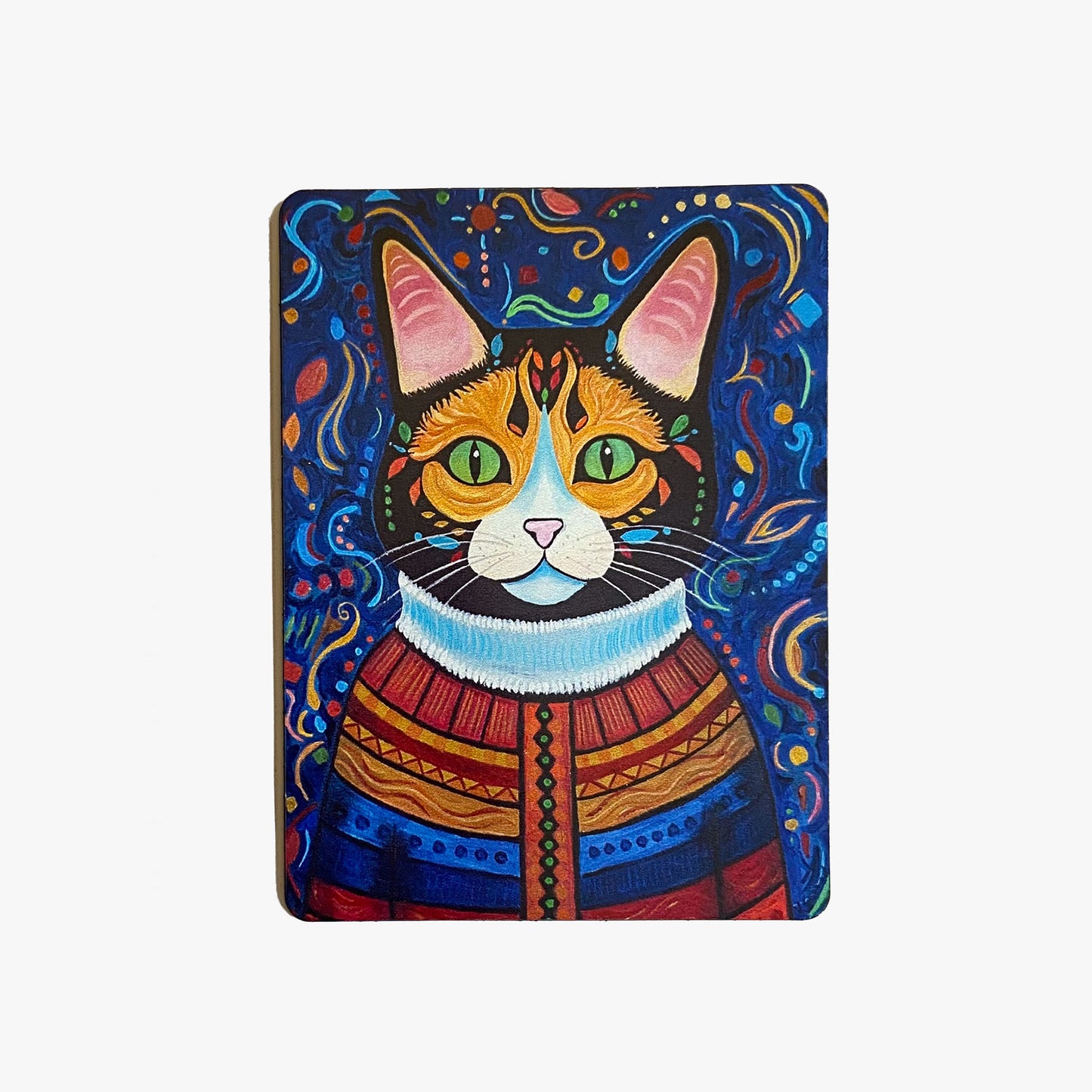 Colorful cat illustration on a blue background
