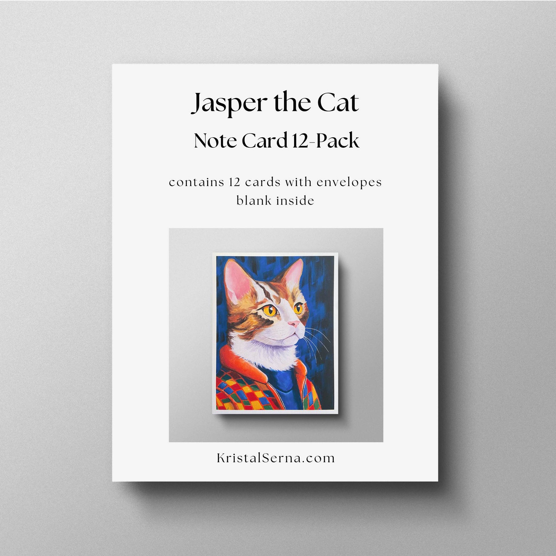 A promotional image for a 12-pack of note cards featuring Jasper the Cat. The card pack is advertised as containing 12 blank-inside cards with envelopes. The artwork of Jasper is shown in a small preview, and the artist’s website, KristalSerna.com, is displayed below.