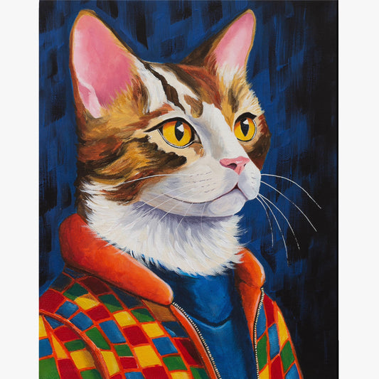 A vibrant acrylic painting of a tabby cat with striking golden eyes, wearing a multicolored checkered jacket over a blue turtleneck. The deep blue background contrasts with the cat’s warm fur tones and stylish outfit.