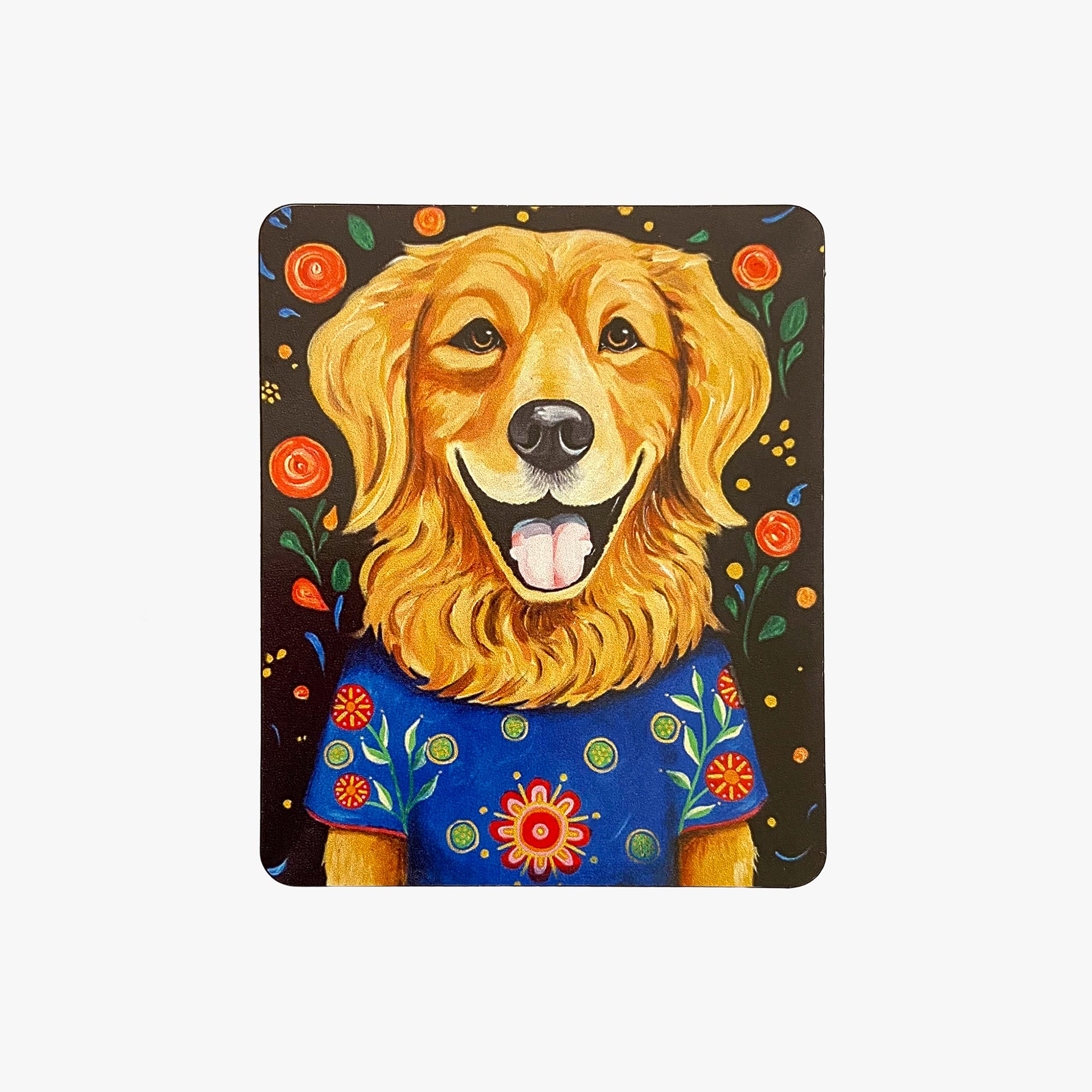 Painting of a golden retriever wearing a blue sweater with floral patterns on a white background.