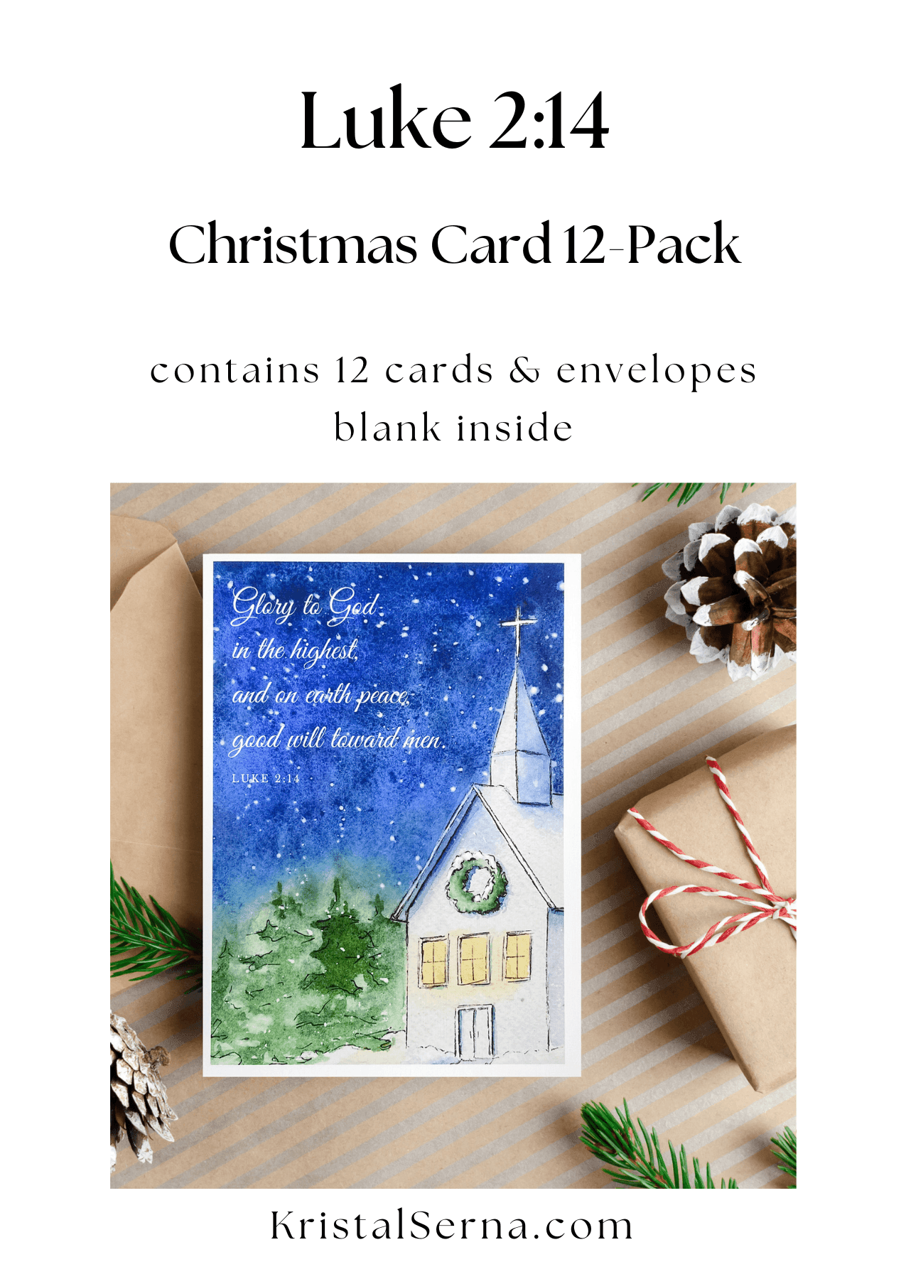 A watercolor and ink painting of a church at night with a wreath on the front and the Bible verse Luke 2:14 written in white text across a deep blue snowy sky.