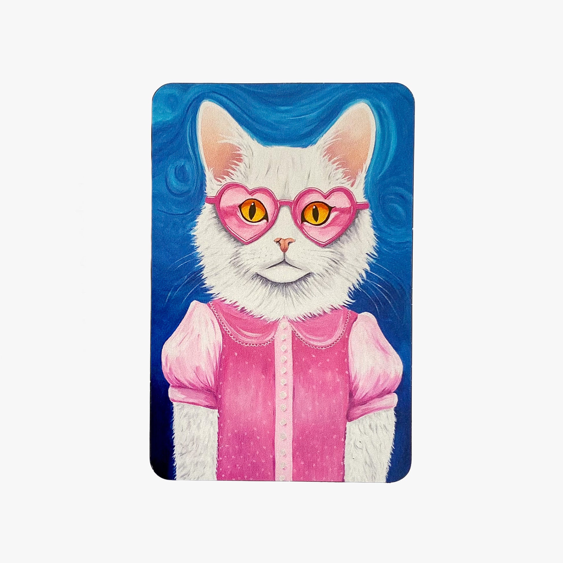 Magnet with a white cat wearing pink glasses and a pink outfit on a blue background