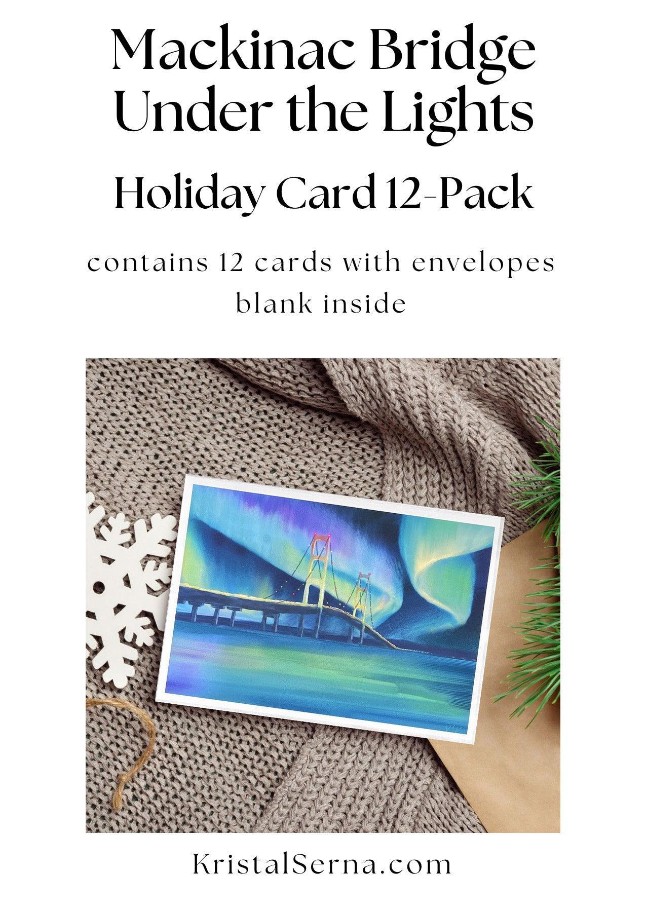 An acrylic painting of the Mackinac Bridge at night with the northern lights glowing in green, blue, and purple across the sky and reflecting on the water below.