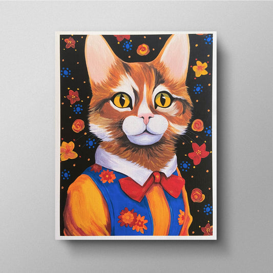 A vibrant image of Maisie the Cat, a lively teenage feline with bright golden eyes. She wears a playful blue vest adorned with orange flowers, a yellow shirt, and a red bow tie. The background is black with scattered colorful flowers and dots, giving a whimsical and energetic feel. The painting is presented on a greeting card with a white border.