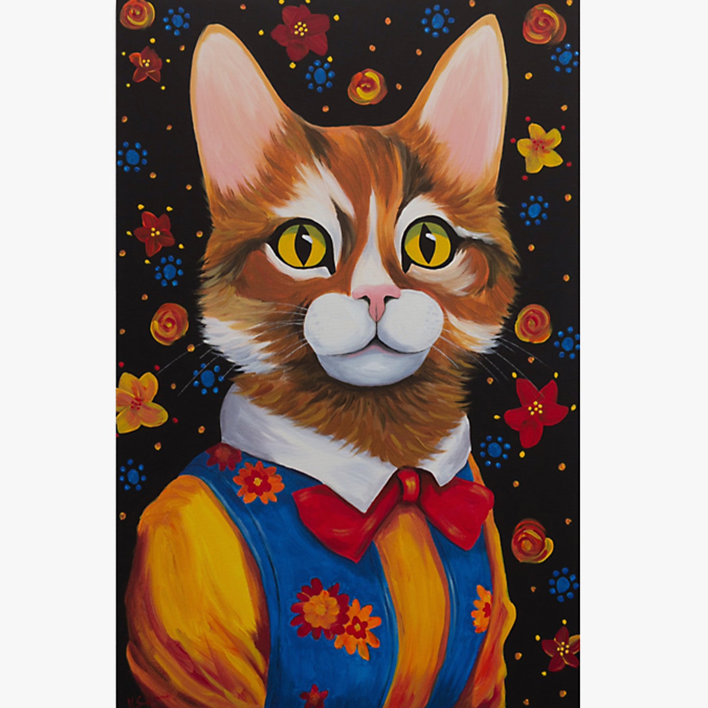 A view of the Maisie painting, showing her bright golden eyes, floral vest, and whimsical background of red and blue flowers.