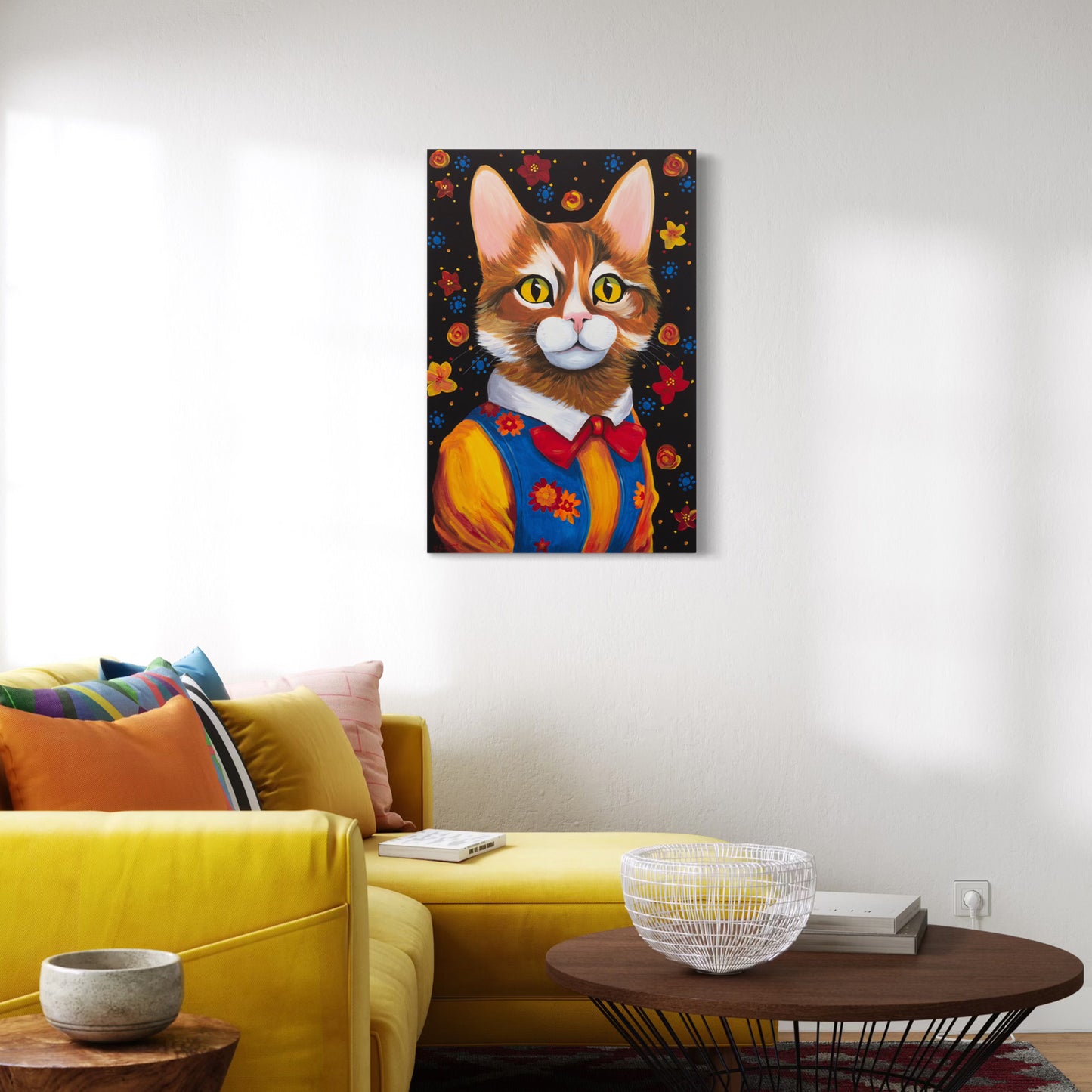 A vibrant painting of Maisie, an orange and white tabby cat dressed in a floral vest and red bow tie, hanging on a white wall above a yellow couch with colorful throw pillows.