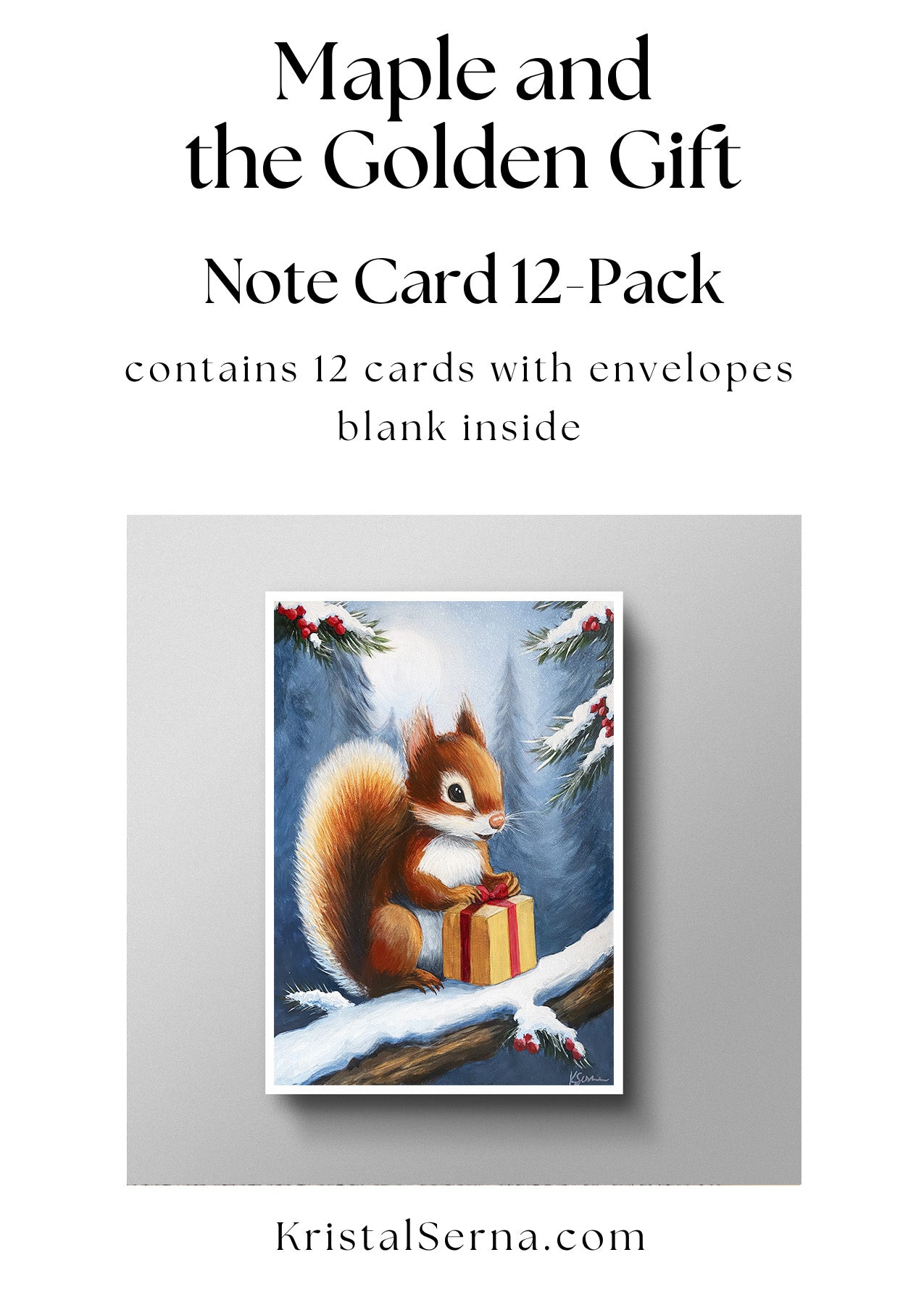 Note card set with a squirrel holding a gift, on a white background with text about the product.