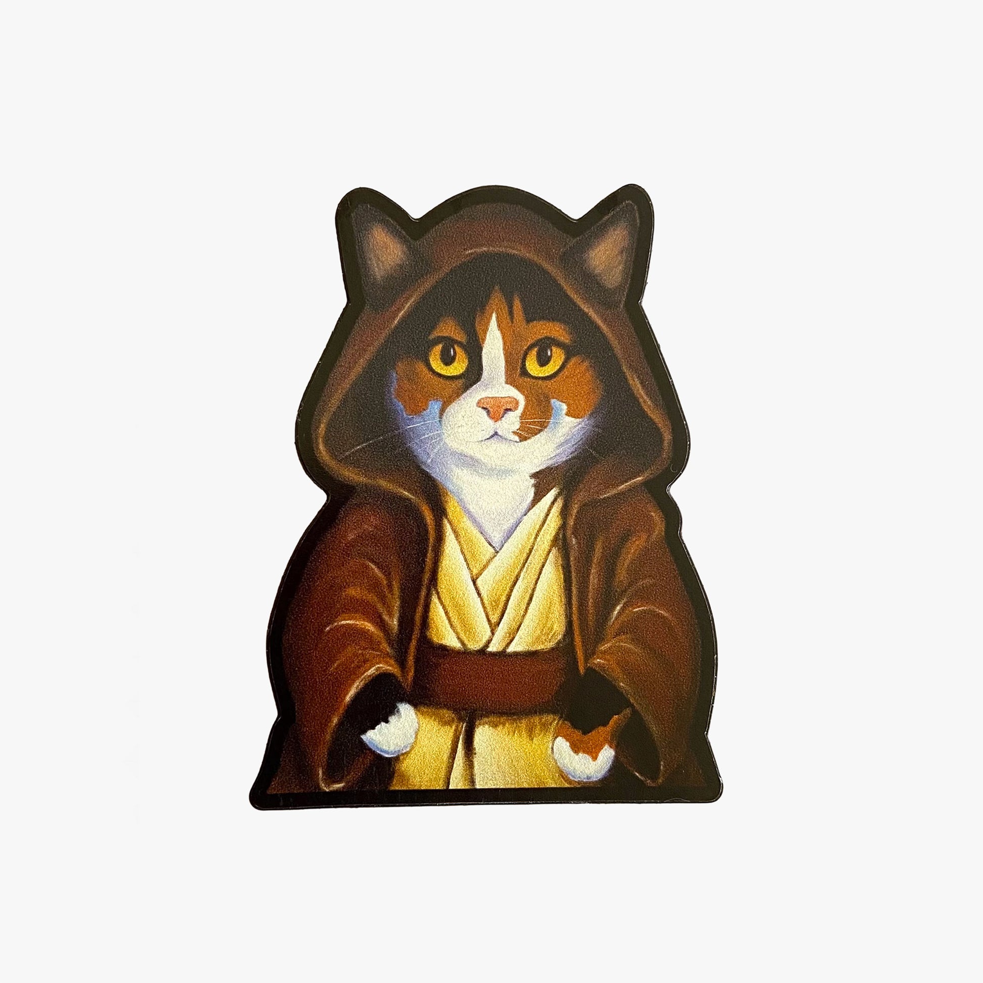 Cat-shaped figure in Jedi costume on a white background