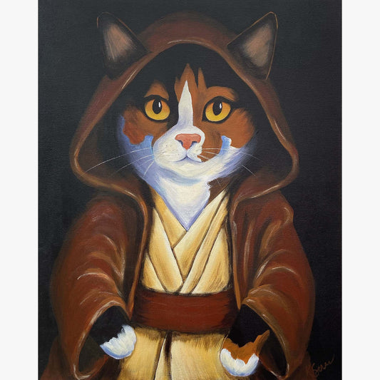 Cat dressed in Jedi robes with a dark background