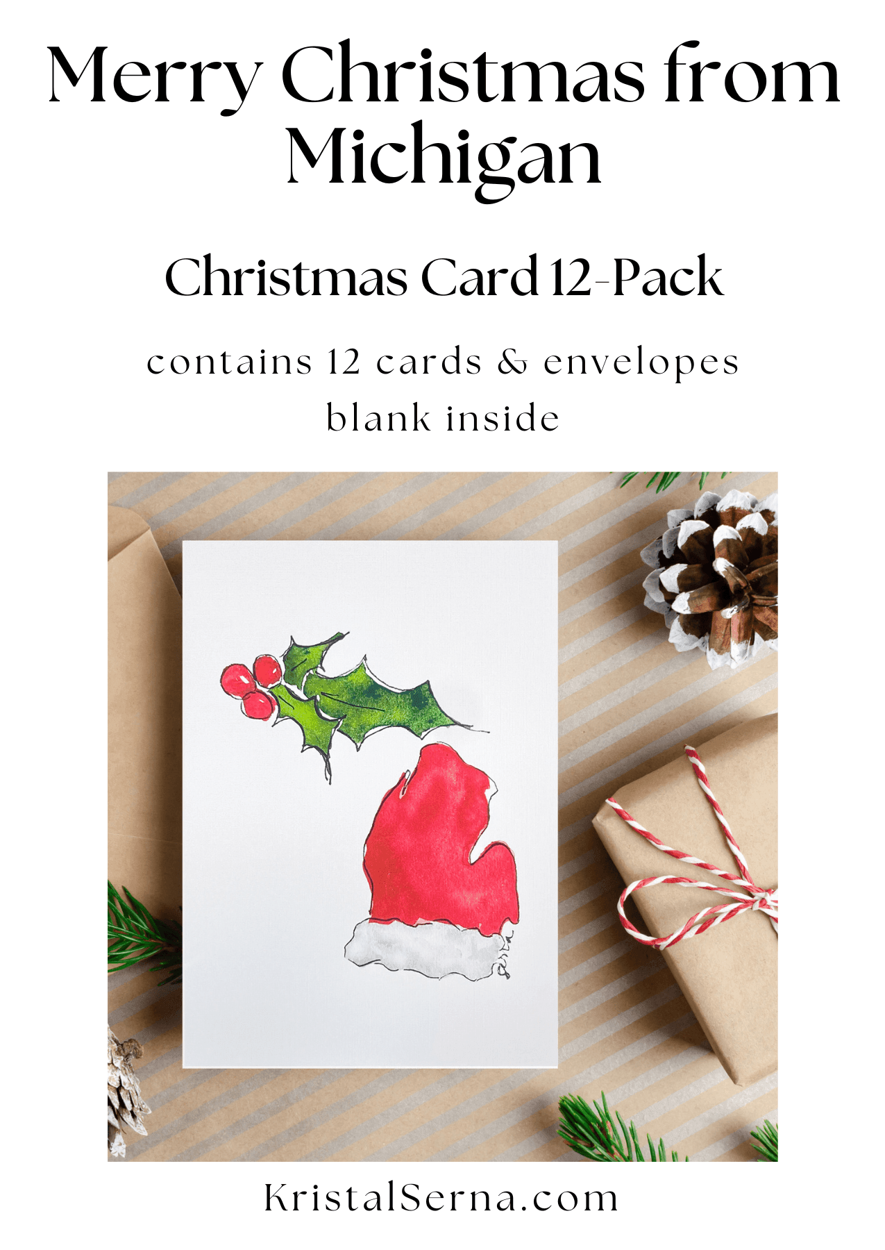 A watercolor and ink painting of Michiganâs lower peninsula shaped like a red Santa hat with a sprig of green holly and red berries above it.