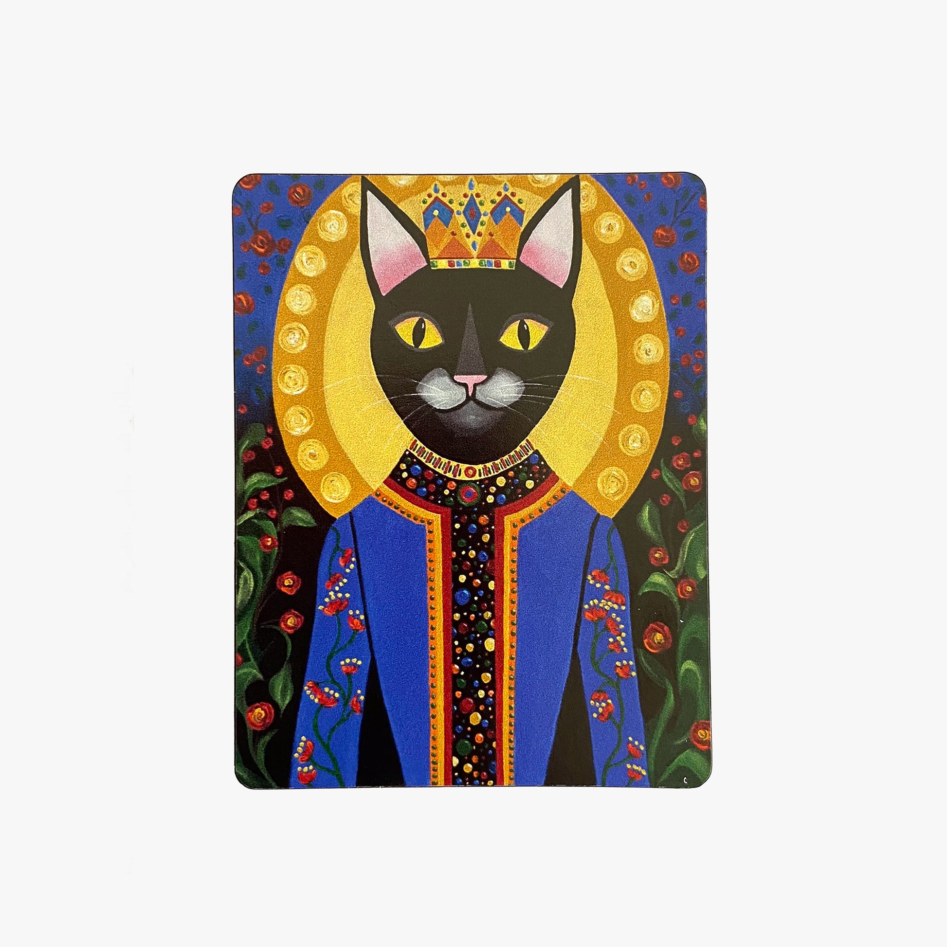 Magnet with a black cat in regal attire on a white background
