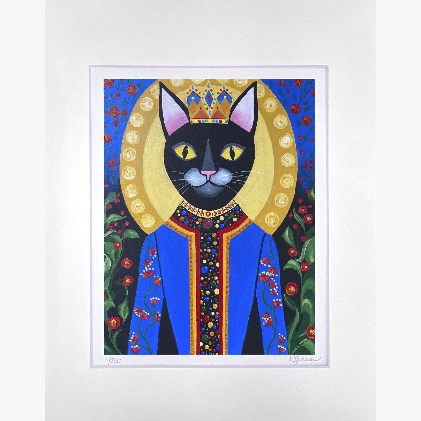 A close-up of a limited edition print featuring Obi the Cat, a regal black cat adorned in a lavish royal blue and gold robe with intricate embellishments. A glowing golden halo encircles his head, adding to his dignified presence. The background is deep blue with botanical elements. The print is matted with a white border, and the artist’s signature and edition number (1/250) are visible at the bottom.