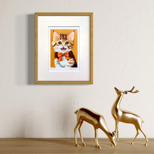 print of brown and white tabby cat with orange background, hanging on wall