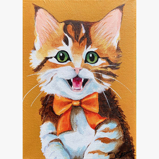 An acrylic painting of a orange and white kitten with a bow tie on a yellow background.