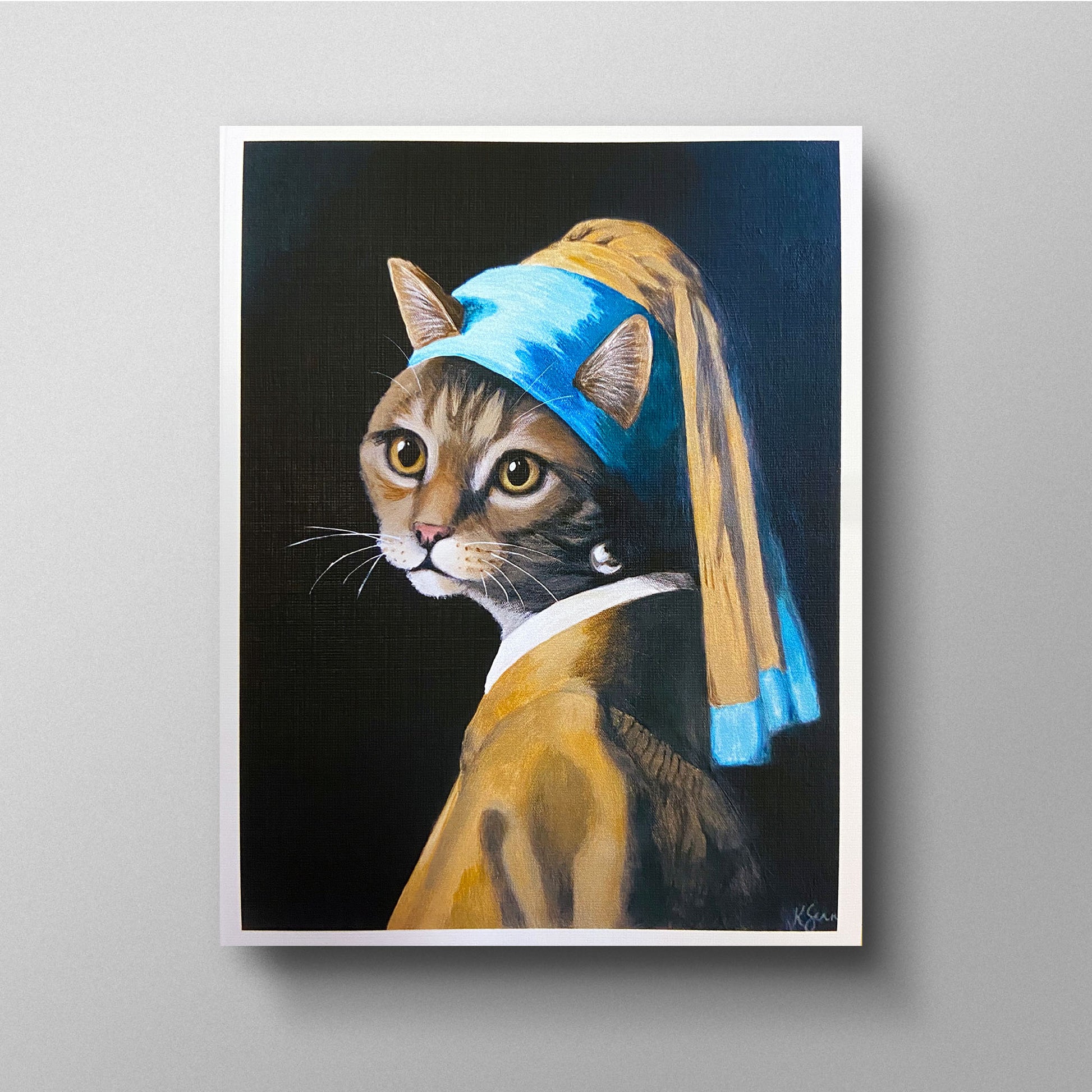 Cat wearing a blue headband and gold robe, inspired by famous artwork