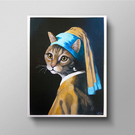 Cat wearing a blue headband and gold robe, inspired by famous artwork