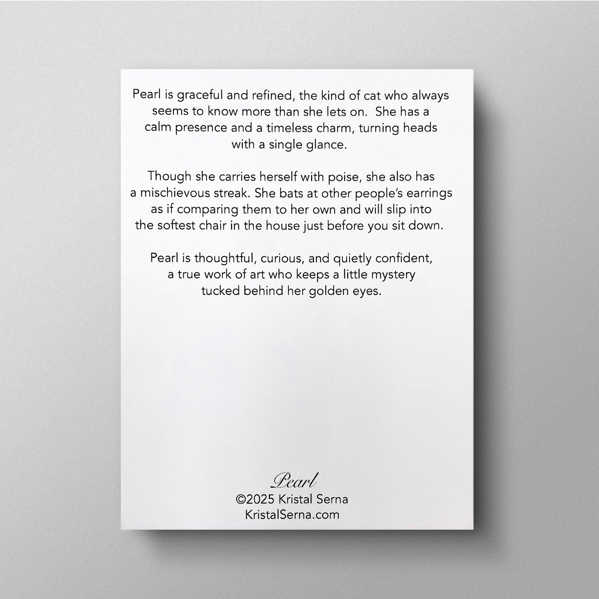 Text description of a cat named Pearl on a white card with a gray background