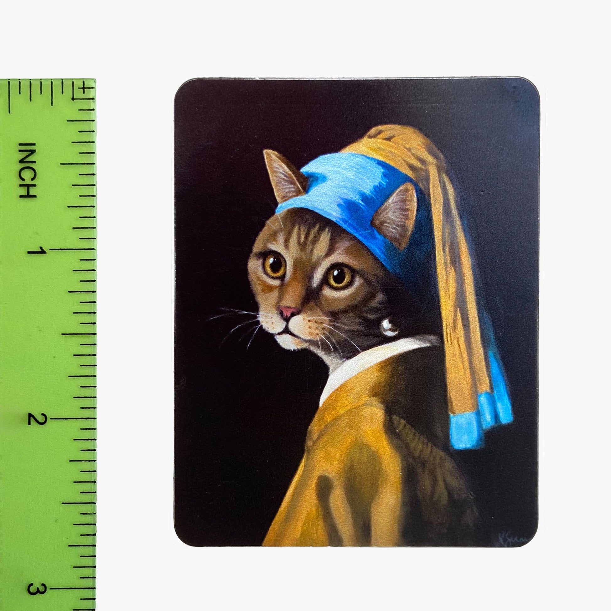 Cat wearing a blue headscarf and pearl earring with a ruler for scale on a white background