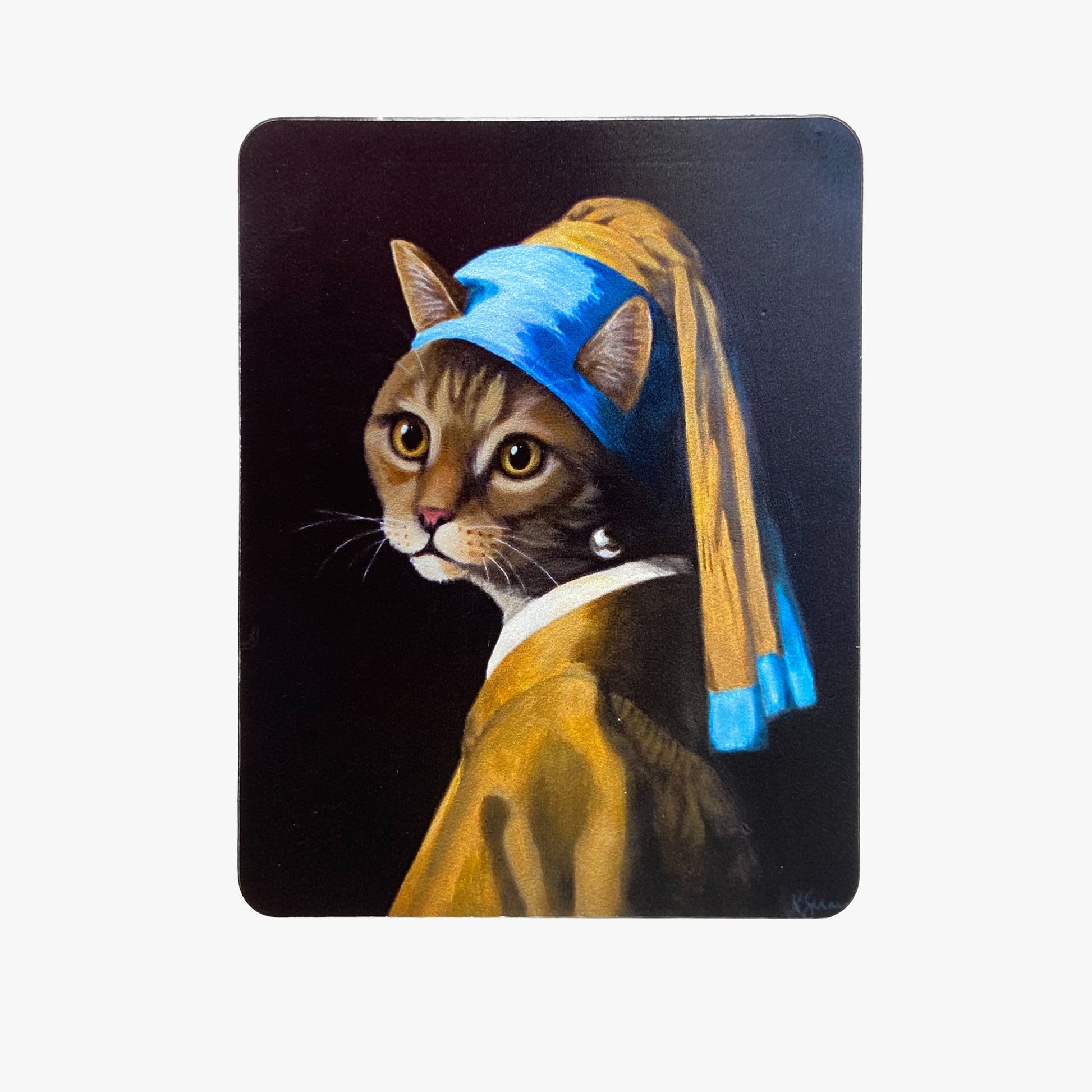 Cat wearing a blue headband and yellow earring on a black background