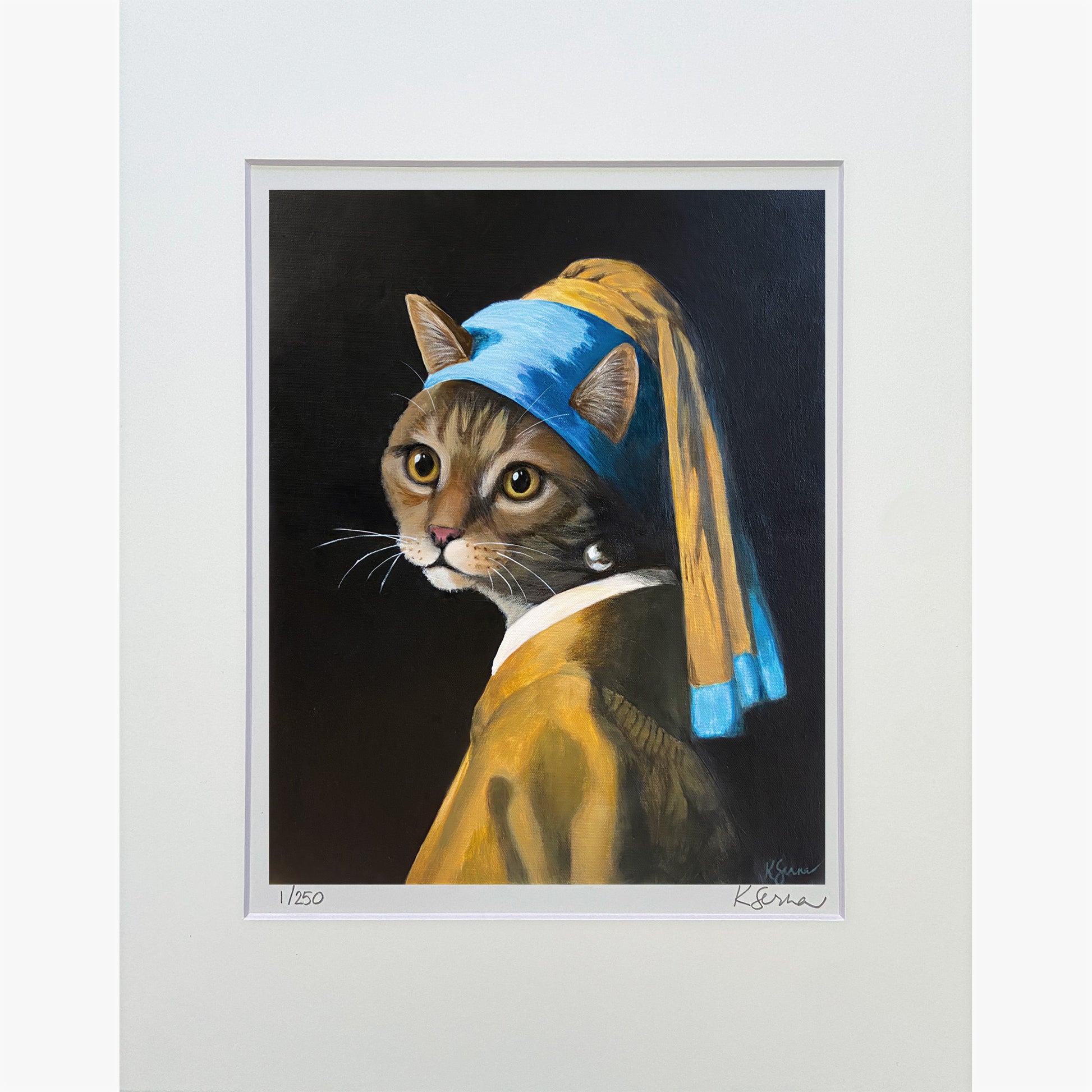 Cat wearing a blue headscarf and yellow dress with a pearl earring, framed artwork.