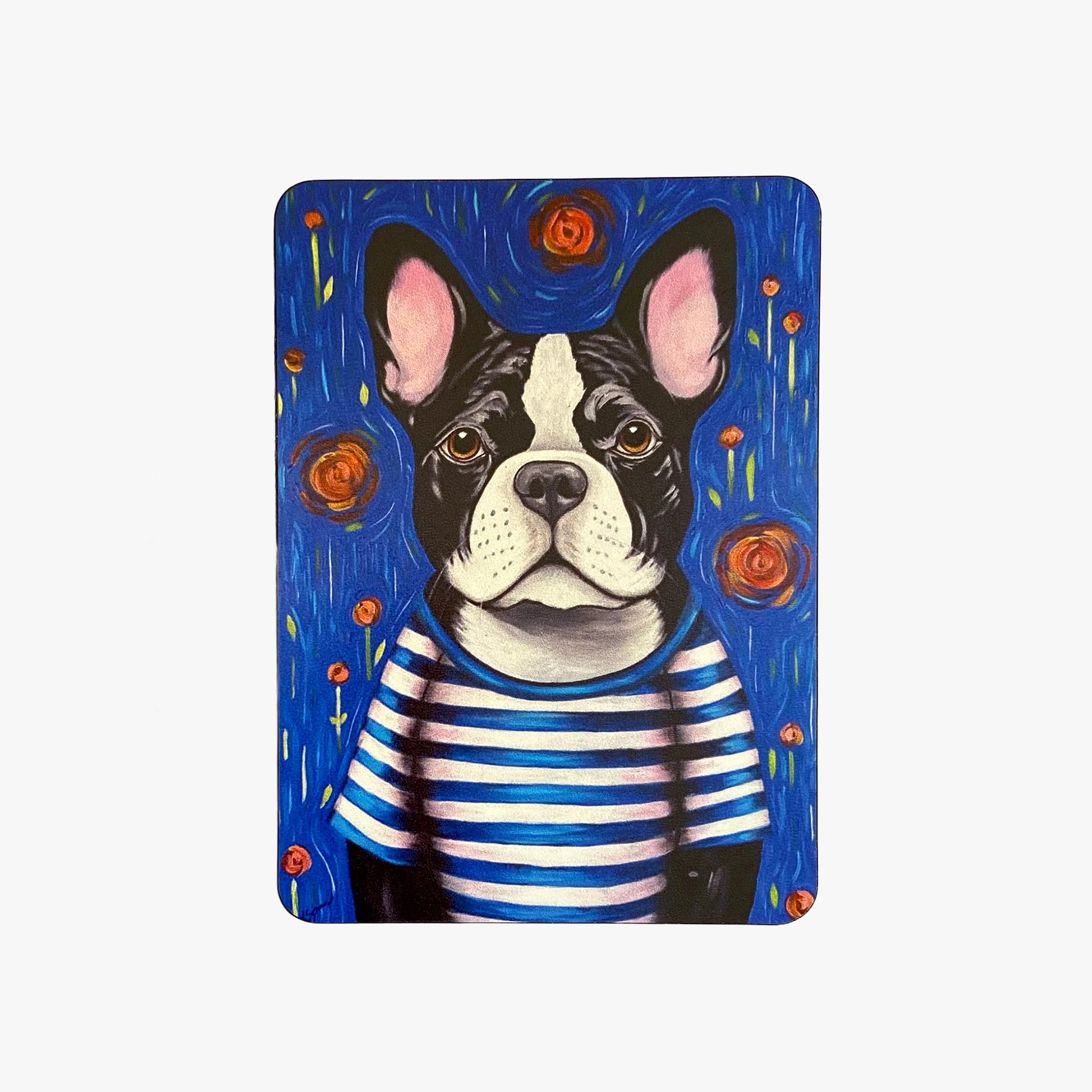 Painting of a dog wearing a striped shirt on a blue background with orange flowers.