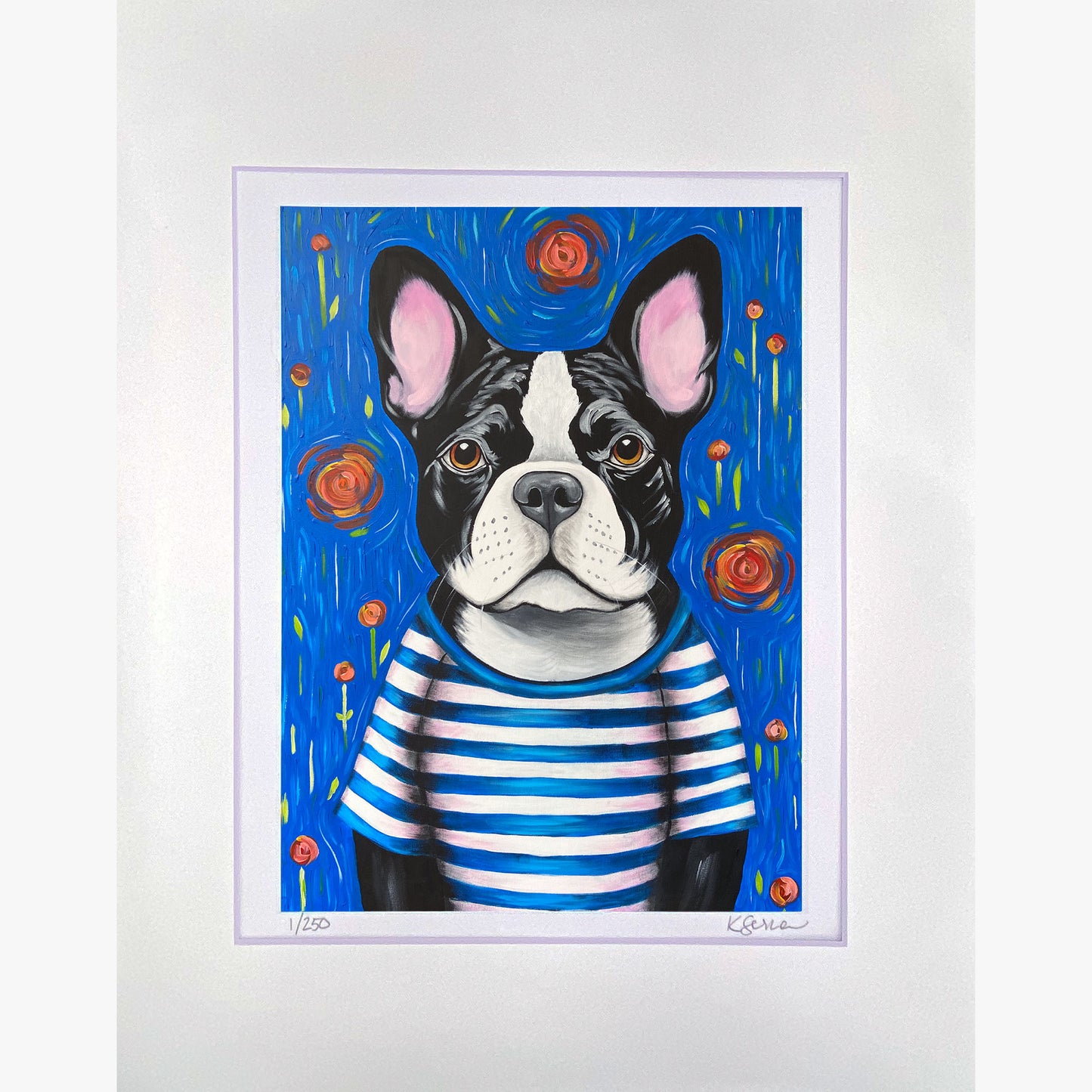 A close-up of a limited edition print featuring Pierre the French Bulldog, a poised and thoughtful pup dressed in a blue and white striped shirt. His dark eyes and large, expressive ears make him instantly lovable. The background is a painterly deep blue with stylized red and orange floral accents. The print is matted with a white border, with the artist’s signature and edition number (1/250) visible at the bottom.