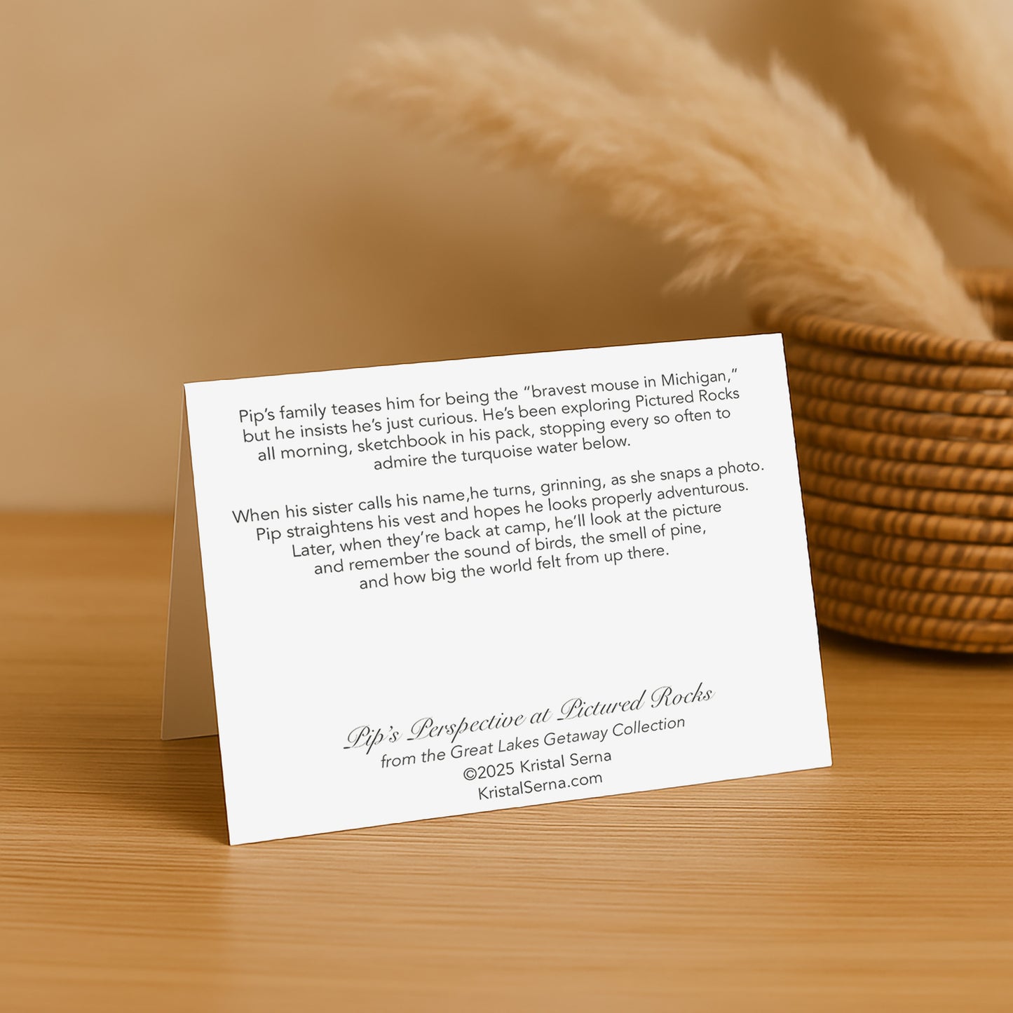White card with text on a wooden surface with a woven basket in the background