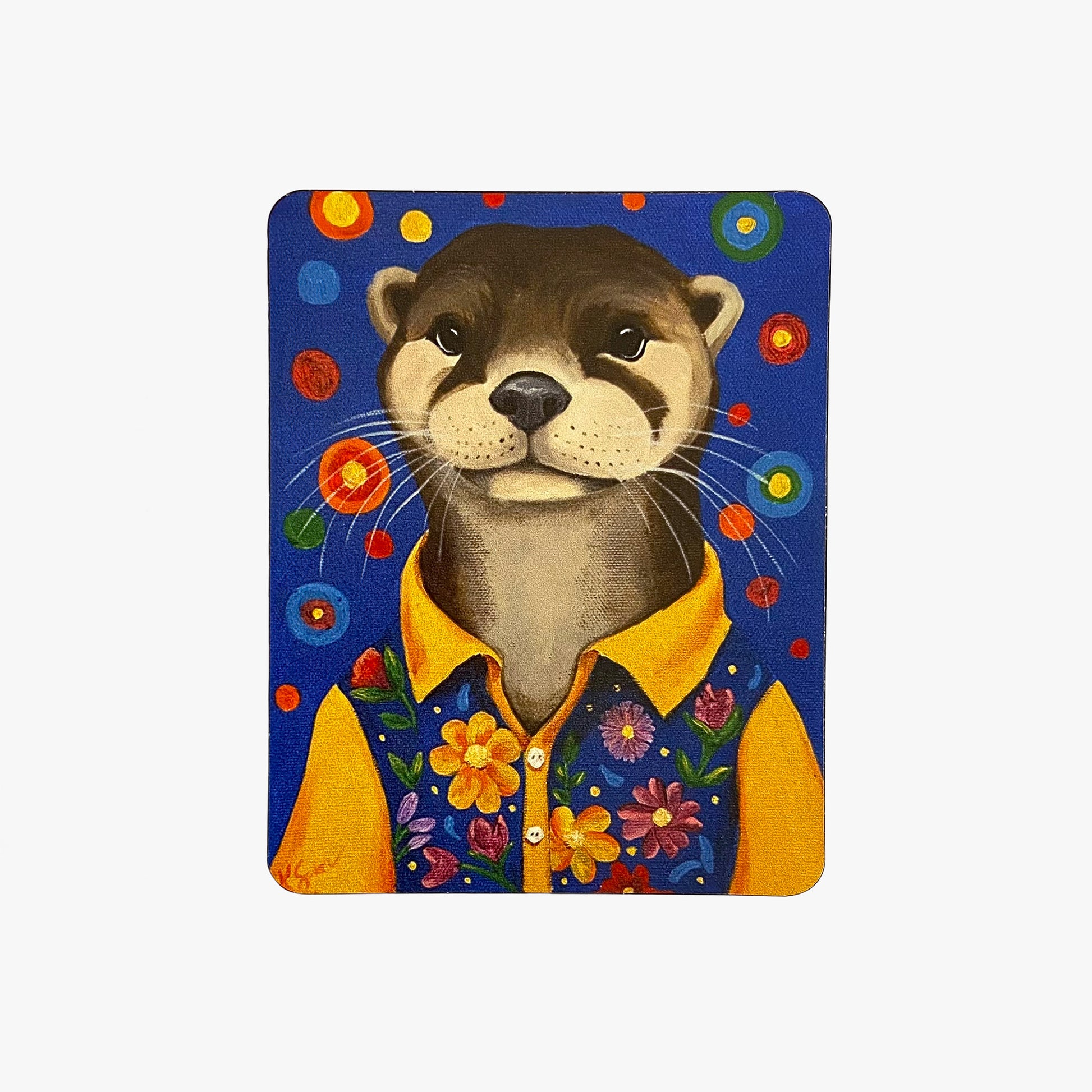 Magnet with an otter wearing a yellow shirt on a blue background with colorful flowers and circles