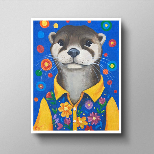 Illustration of an otter wearing a yellow shirt with floral patterns on a blue background