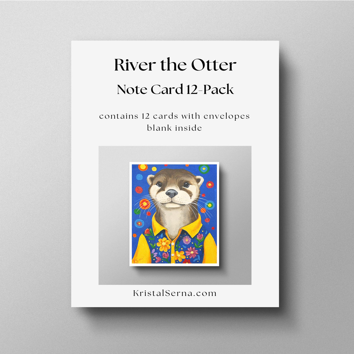 Note card set packaging with 'River the Otter' illustration on a gray background