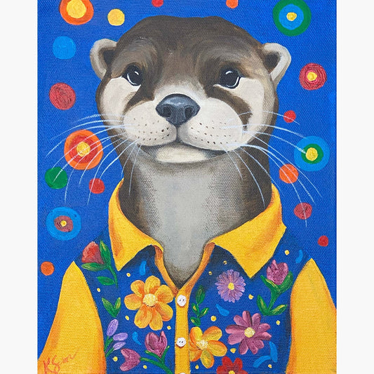 Painting of an otter wearing a yellow shirt with floral patterns on a blue background with colorful circles.