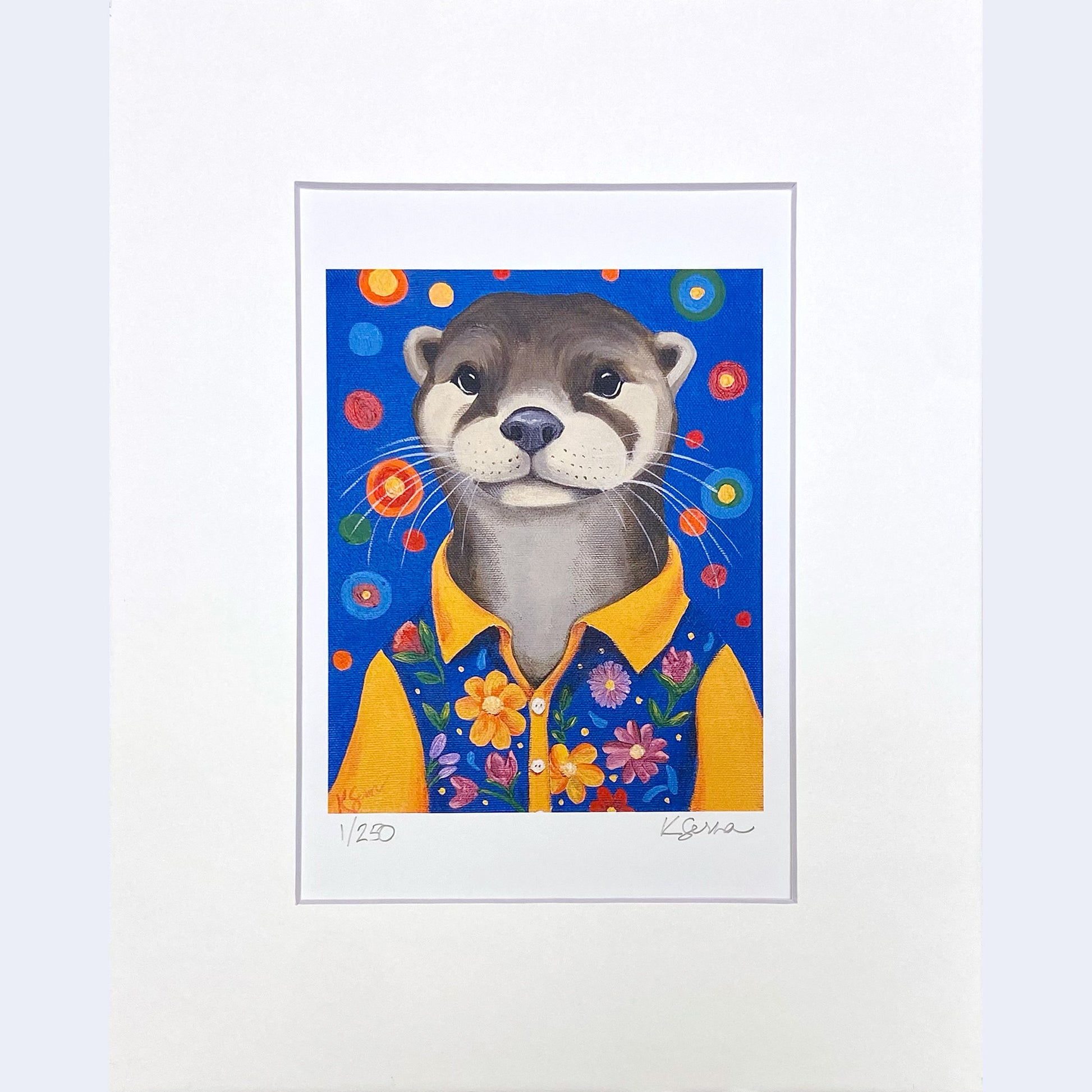 Illustration of an otter wearing a yellow shirt with floral patterns on a blue background.