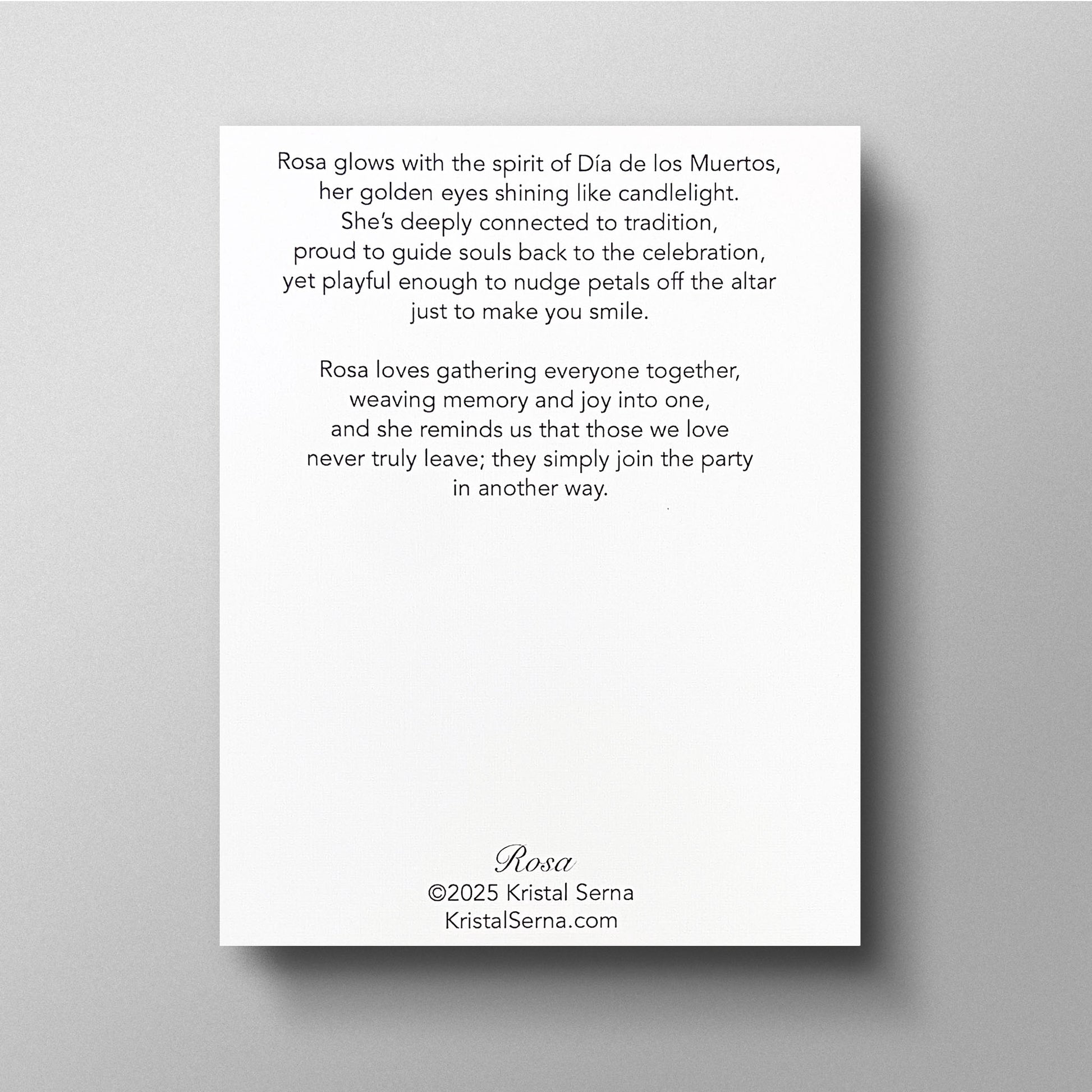 Text card with a poem about 'Rosa' on a gray background