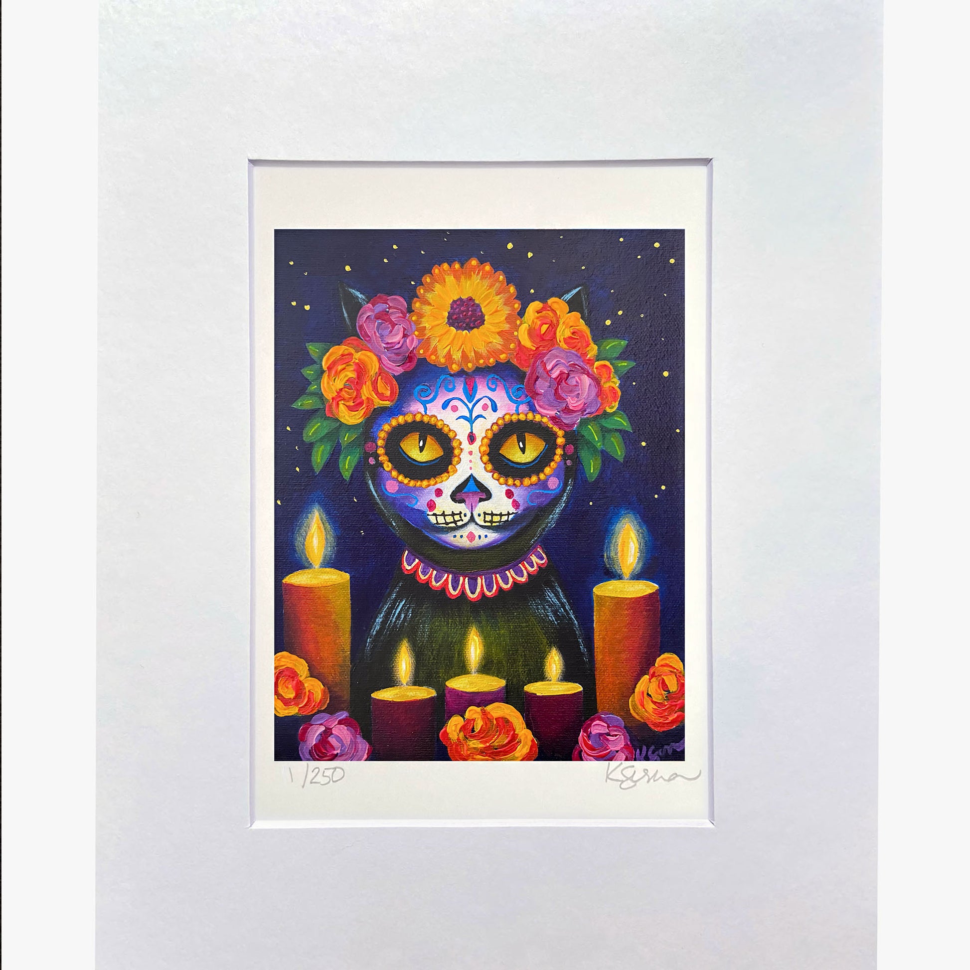 Framed artwork of a colorful skull with flowers and candles on a dark background