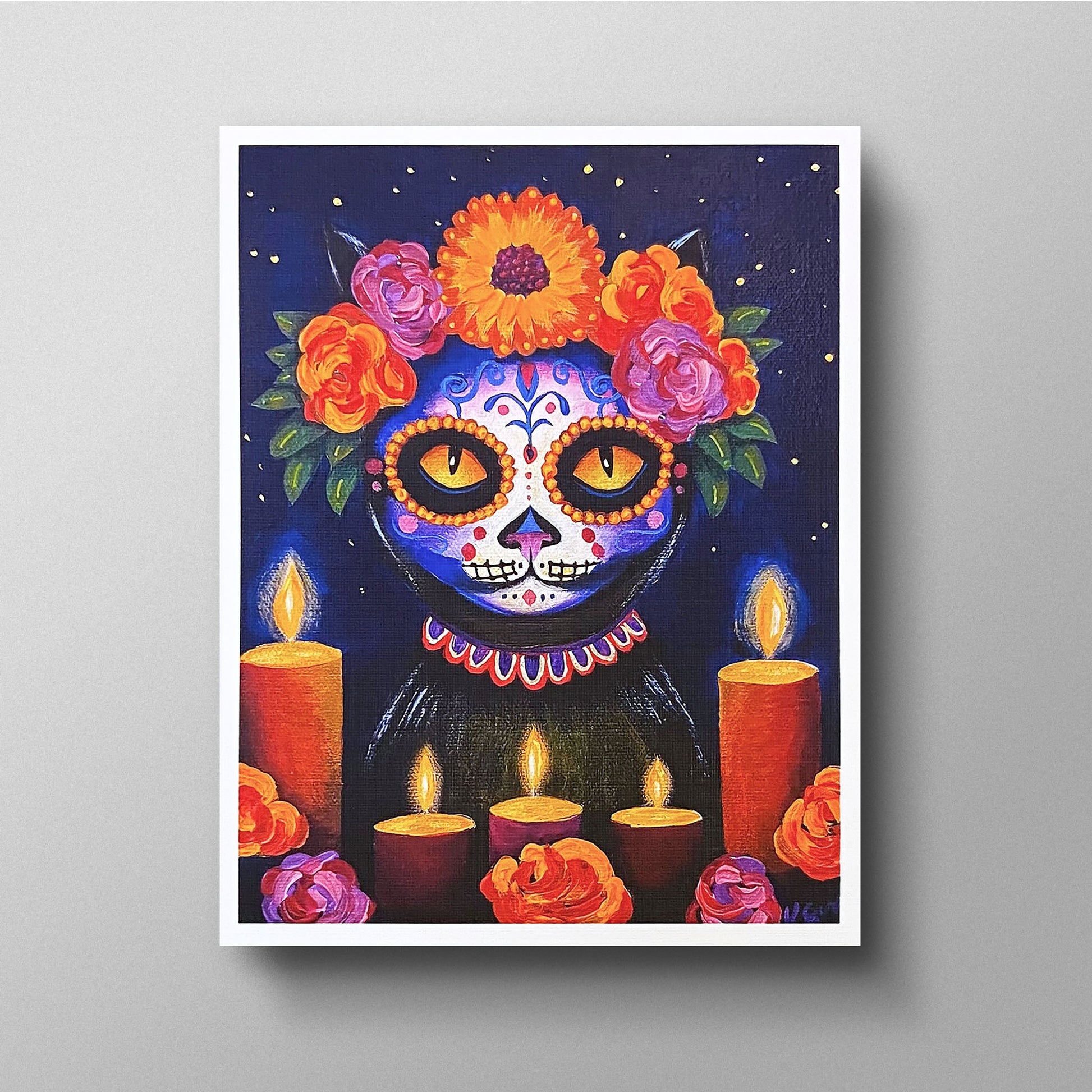 Colorful artwork of a sugar skull with flowers and candles on a gray background