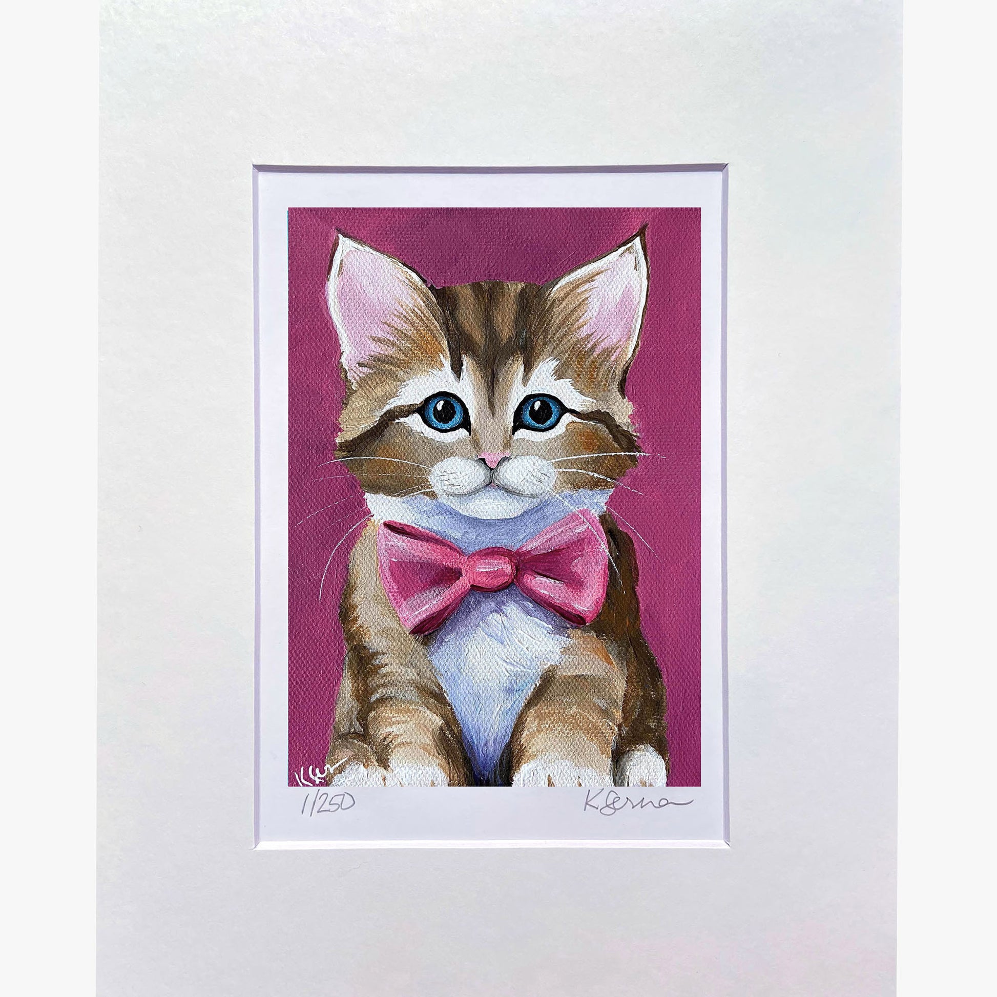 Painting of a kitten with a pink bow tie on a purple background