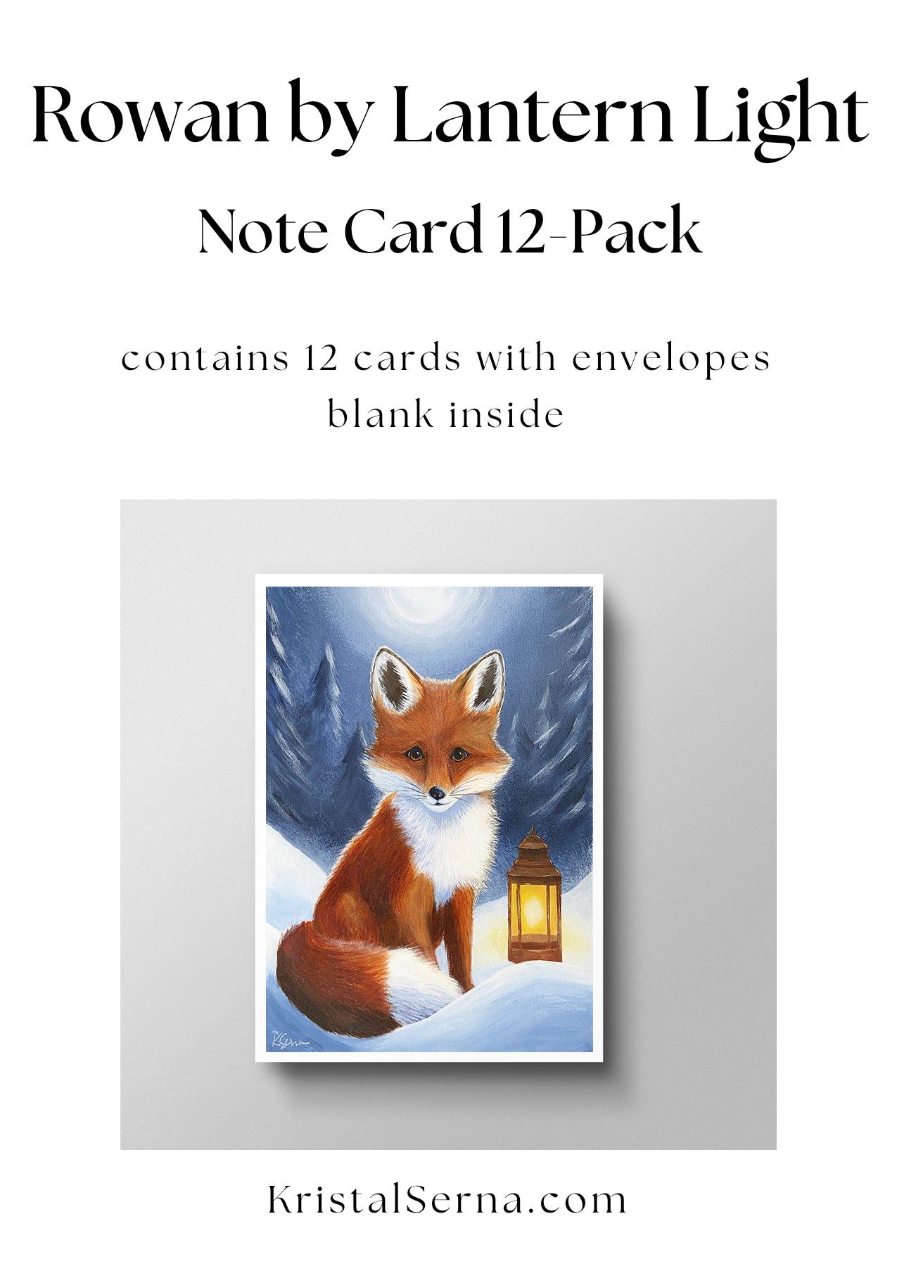 Note card set with a fox illustration and lantern, featuring the brand 'Rowan by Lantern Light'.