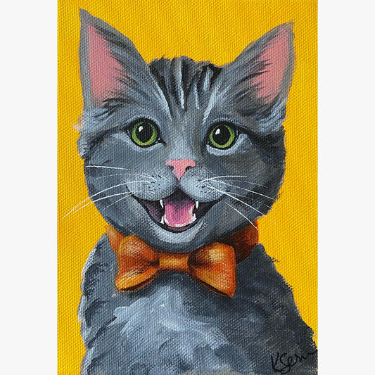 A colorful acrylic painting of a gray kitten with a red bow tie against a yellow background.